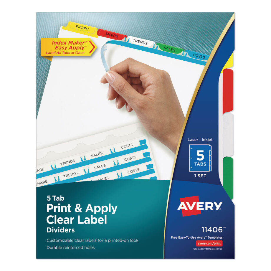 AVERY - PRINT AND APPLY CLEAR LABEL DIVIDERS, INDEX MAKER, PRINTABLE LABEL STRIP, 5 MULTICOLOR TABS