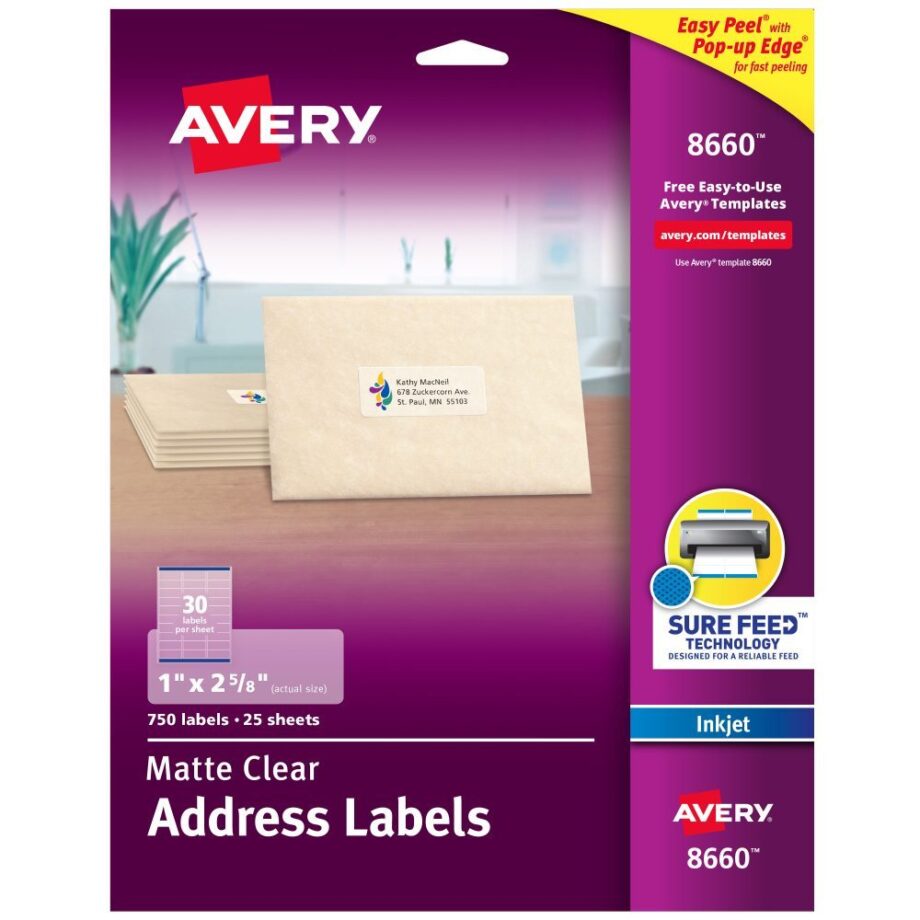 AVERY - MATTE CLEAR ADDRESS LABELS, 1" X 2-5/8", 750 LABELS