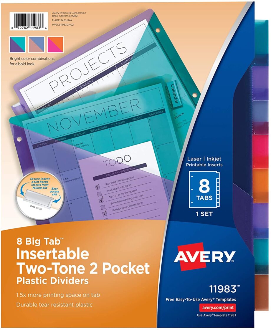 AVERY - BIG TAB™ INSERTABLE PLASTIC DIVIDERS, TWO-TONE, TWO POCKETS, 8-TAB SET