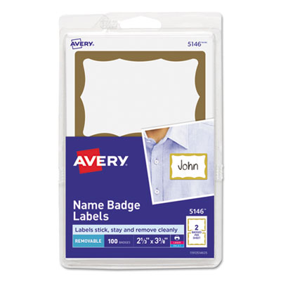 AVERY - PRINTABLE ADHESIVE NAME BADGES, 3.38 X 2.33, GOLD BORDER, PACK OF 100 (5146)