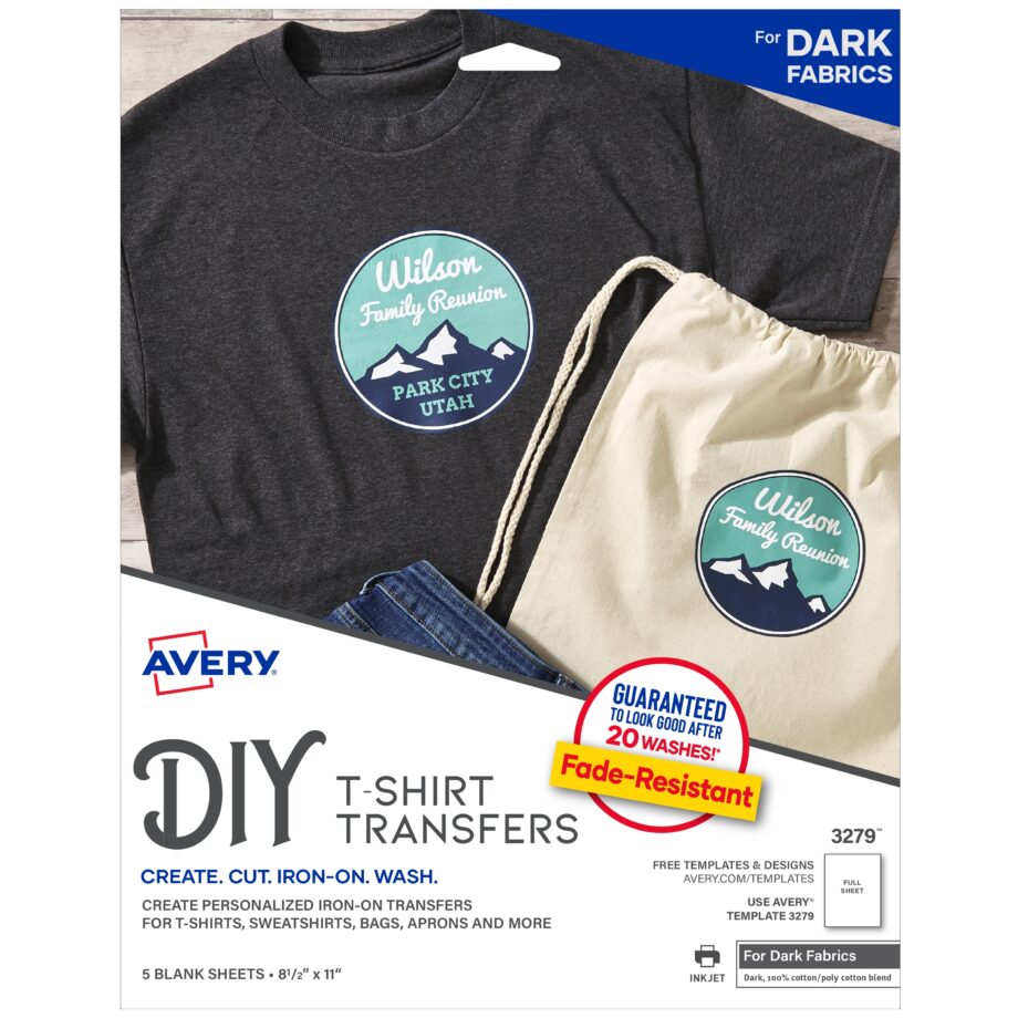 AVERY - FABRIC TRANSFERS FOR DARK FABRICS, 8-1/2" X 11", INKJET PRINTER, 5 MATTE SHEETS (3279)