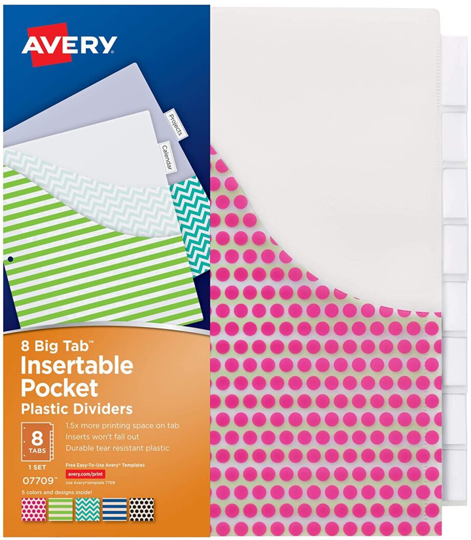 AVERY - PLASTIC 8-TAB BINDER DIVIDERS WITH POCKETS, INSERTABLE CLEAR BIG TABS, ASSORTED DESIGNS, 36 SETS (07709)