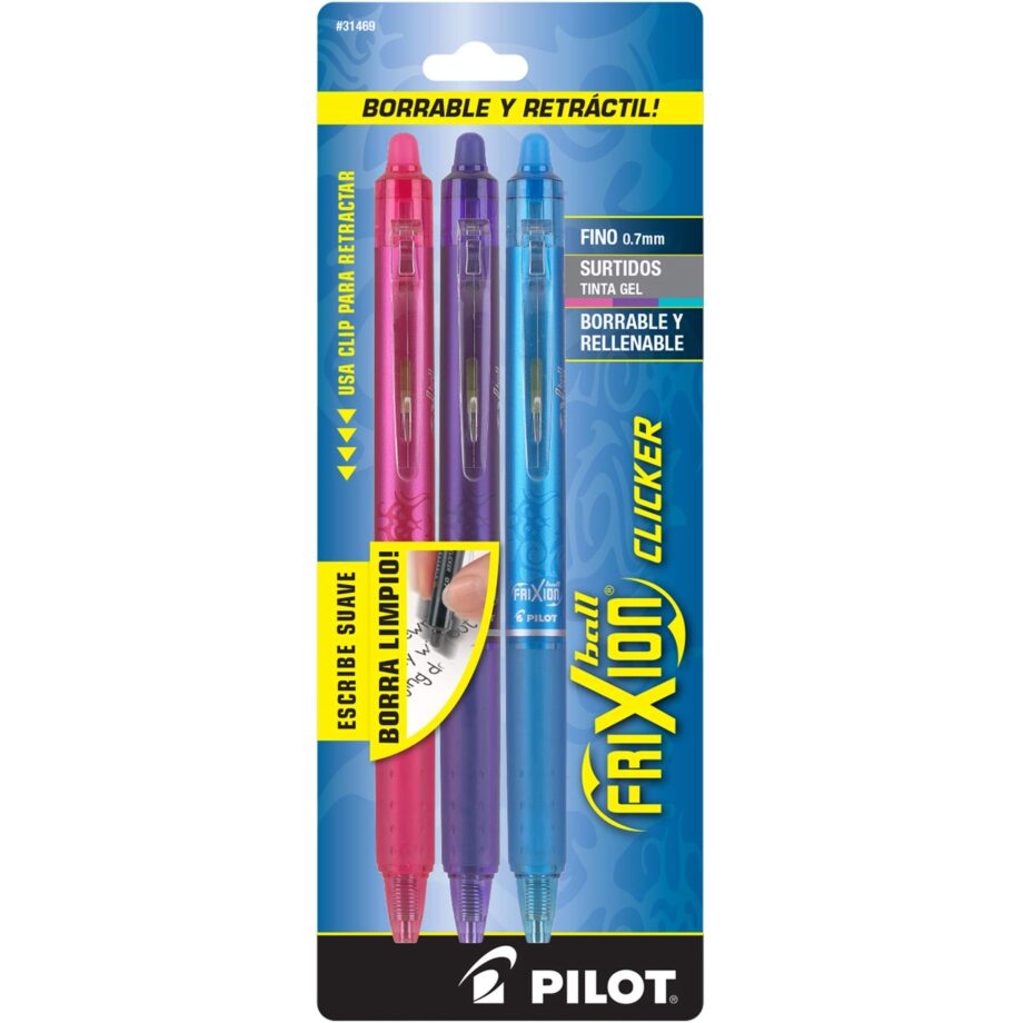 PILOT - FriXion Clicker Erasable, Refillable & Retractable Gel Ink Pens, Fine Point, Pink/Purple/Turquoise Inks, 3-Pack (31469)