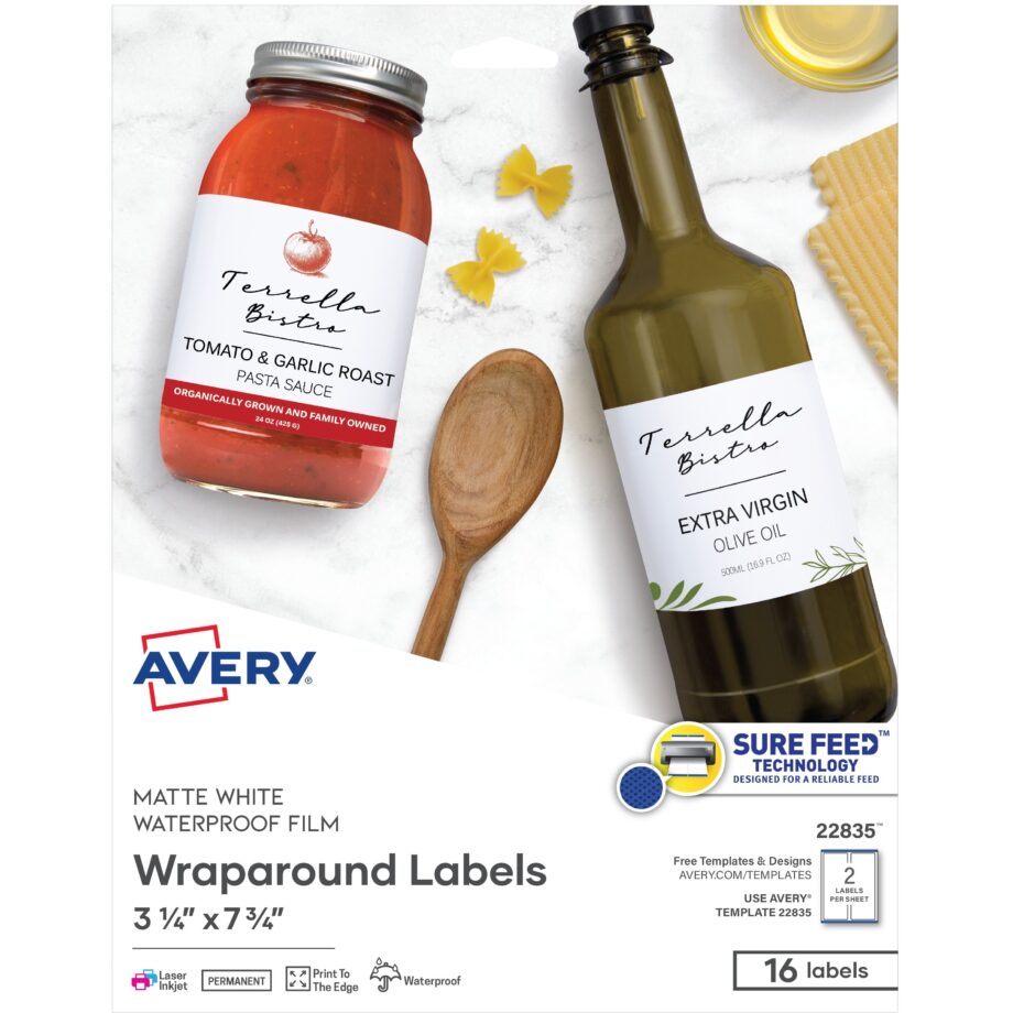 AVERY - 3-1/4" X 7-3/4" WATERPROOF WRAPAROUND RECTANGLE LABELS WITH SURE FEED™, 16 LABELS, PERMANENT, MATTE WHITE