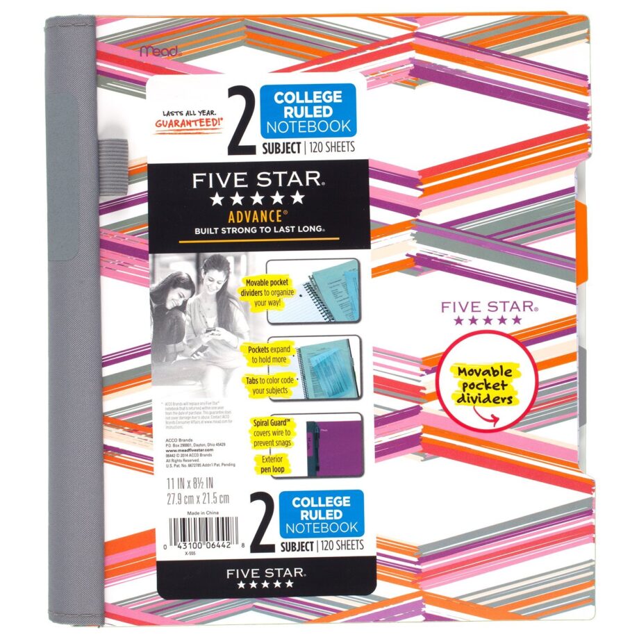 MEAD - Five Star Spiral Notebook, 2 Subject, College Ruled, 11" x 8-1/2", Advance Design