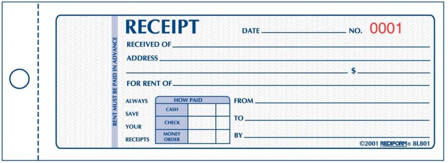 REDIFORM - RENT RECEIPT BOOK, 2 PART, 100 SETS