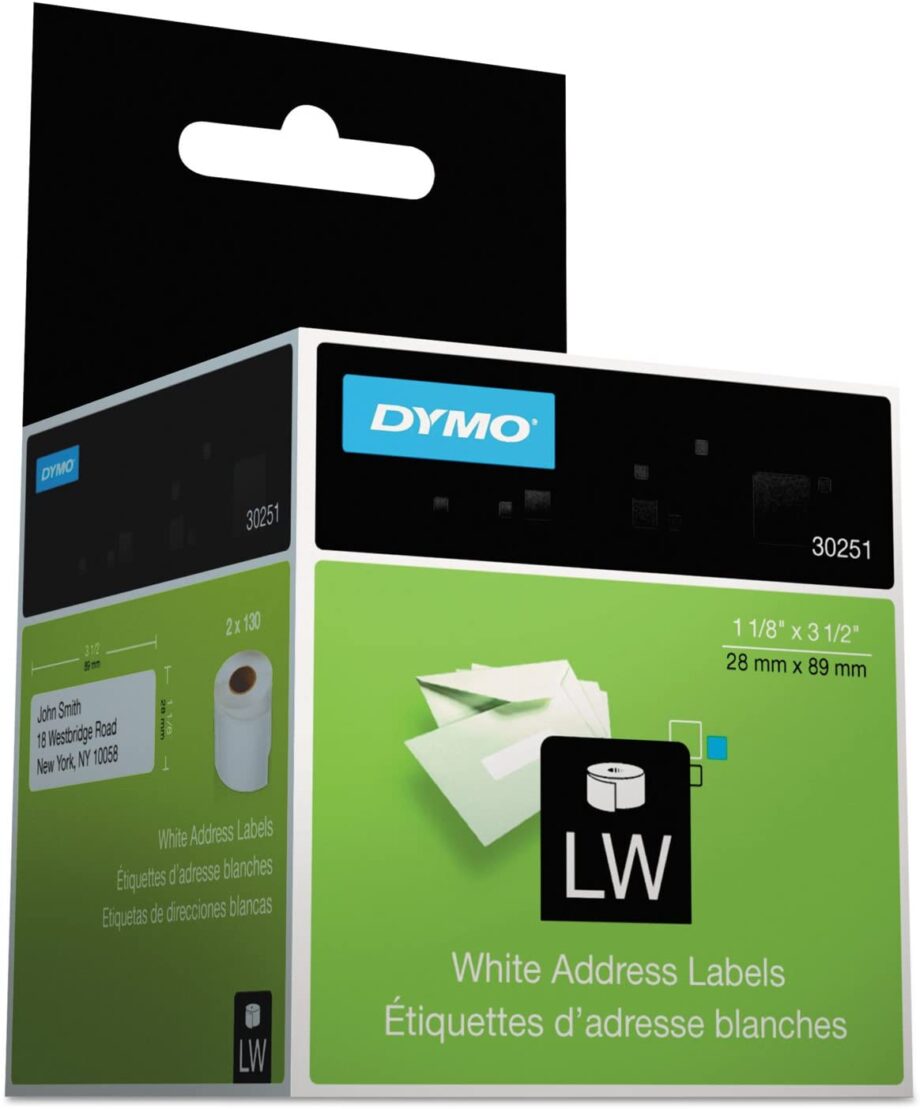 DYMO - LabelWriter Address Labels, 1 1/8 x 3 1/2, White, 130 Labels/Roll, 2 Rolls/Pack (30251)