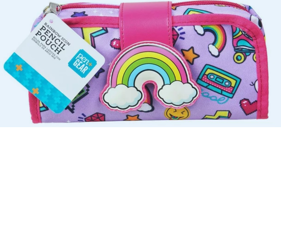 Rainbow Icon Pencil Pouch, 10 Elastic Pen Slots, Purple Print with Pink Trim
