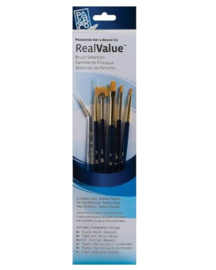 PRINCETON - REAL VALUE BRUSH SETS, 6-BRUSH SETS, 6-BRUSH GOLDEN TAKLON BRUSH SET - ROUND 2, TIGER SPOT 0, FAN 2/0, SHADER 2, 6, ANGLE 1/8
