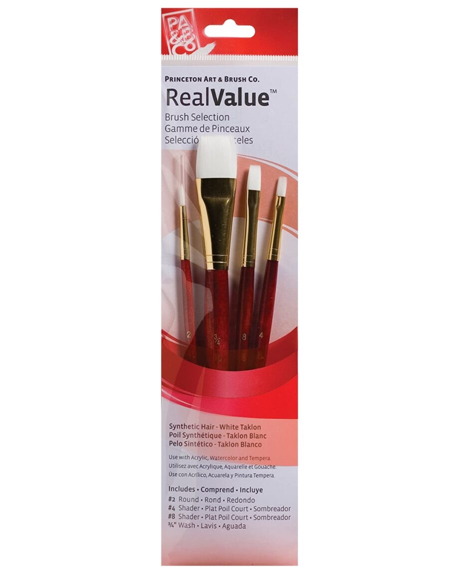 PRINCETON - REAL VALUE BRUSH SETS, 4-BRUSH SETS, 4-BRUSH WHITE TAKLON BRUSH SET - ROUND 2, SHADER 4, 8, WASH 3/4