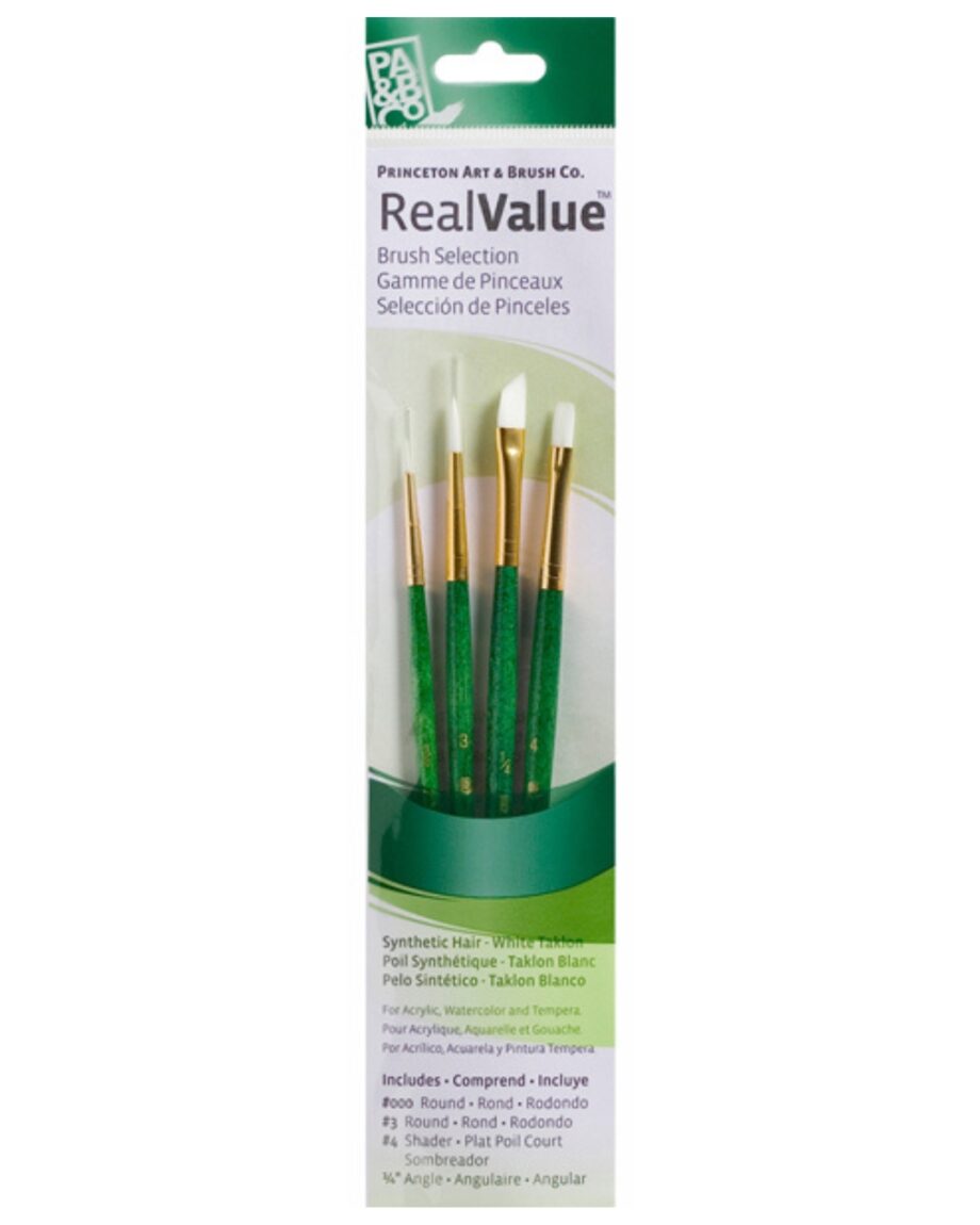 PRINCETON - REAL VALUE BRUSH SETS, 4-BRUSH SETS, 4-BRUSH WHITE TAKLON BRUSH SET - ROUND 3/0, 3, SHADER 4, ANGLE 1/4
