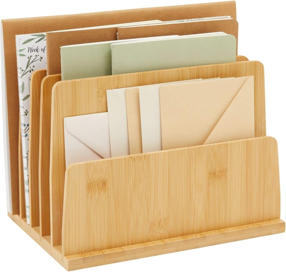 Paper Junkie Bamboo Wooden Mail Holder, File Sorter for Letter and Folder Document Storage, Envelope Organizer with 5 Slots for Office Desk, Countertop, Home Organization (10x7 in)