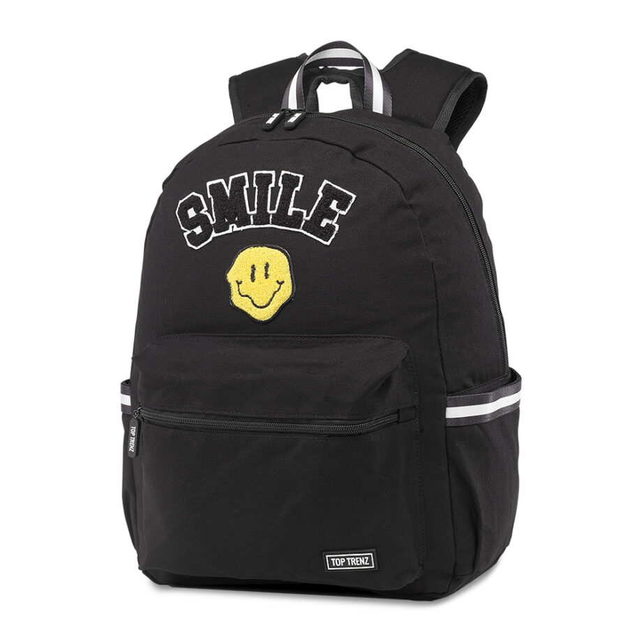 TOP TRENZ - BLACK SMILE CANVAS BACKPACK WITH PATCHES