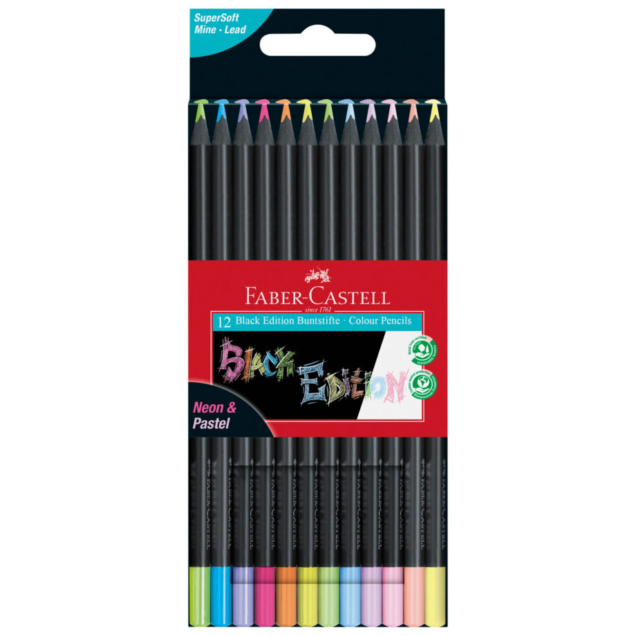 FABER CASTELL - BLACK EDITION COLORED PENCILS, NEON & PASTEL (BOX OF 12)