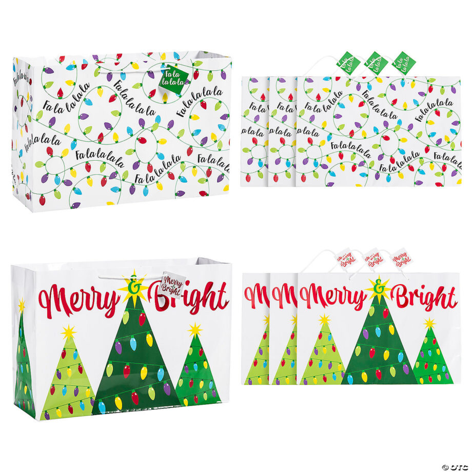 ORIENTAL TRADING - LARGE CHRISTMAS TREES & LIGHTS PAPER GIFT BAGS WITH TAGS (EACH)